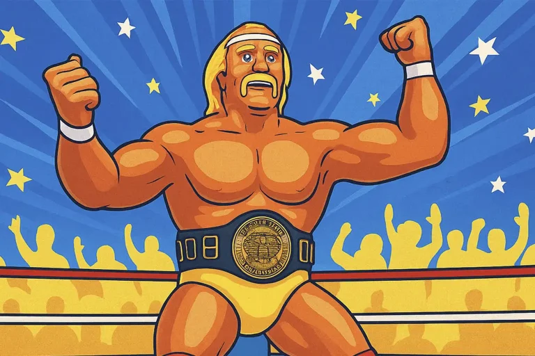 Illustration of Hulk Hogan LJN Wrestling Superstars action figure with championship belt, 1984